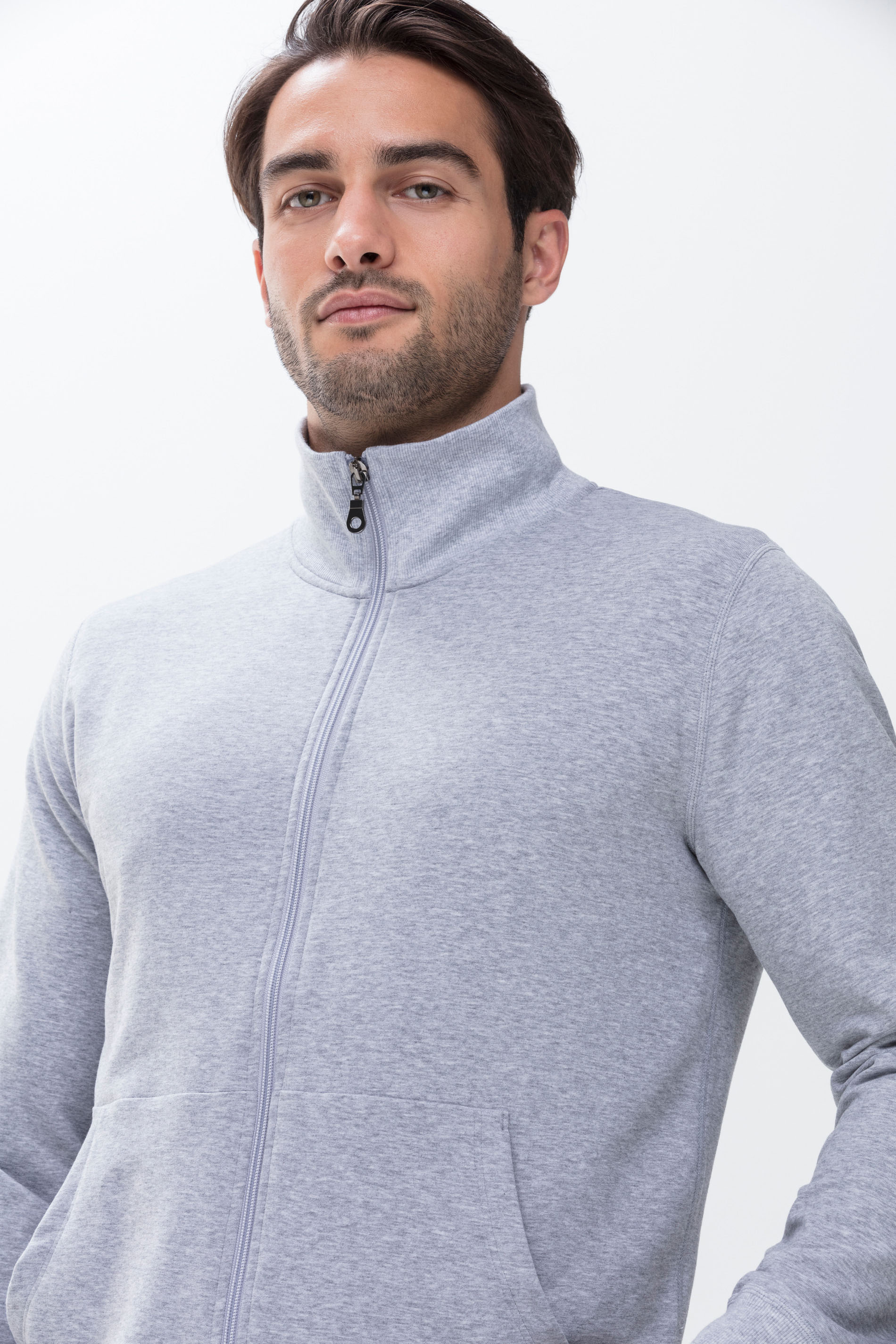 Sweat jacket with zip Light Grey Melange Serie Enjoy Front View | mey®