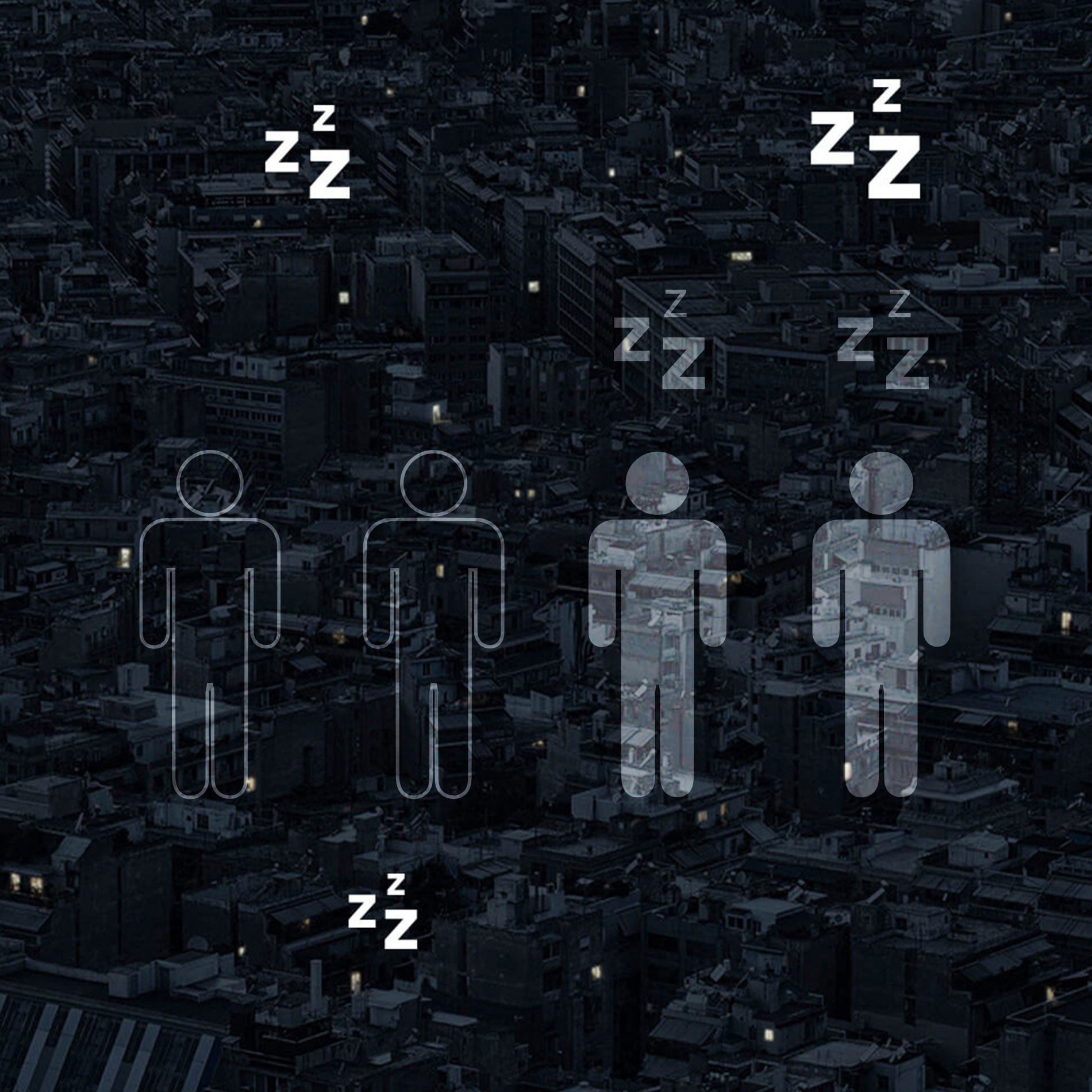 Kaart 's nachts met vier mensen als iconen, twee als contouren en twee gevuld met wit | mey® 