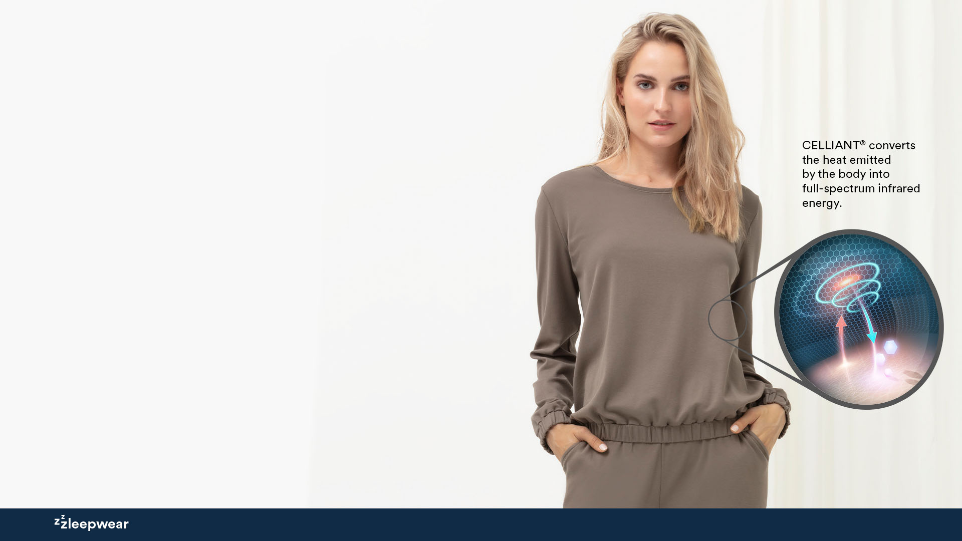 Blonde woman wears the long-sleeved top and long bottoms in the colour Deep Taupe from the Zzzleepwear series with an infographic about infrared energy | mey®