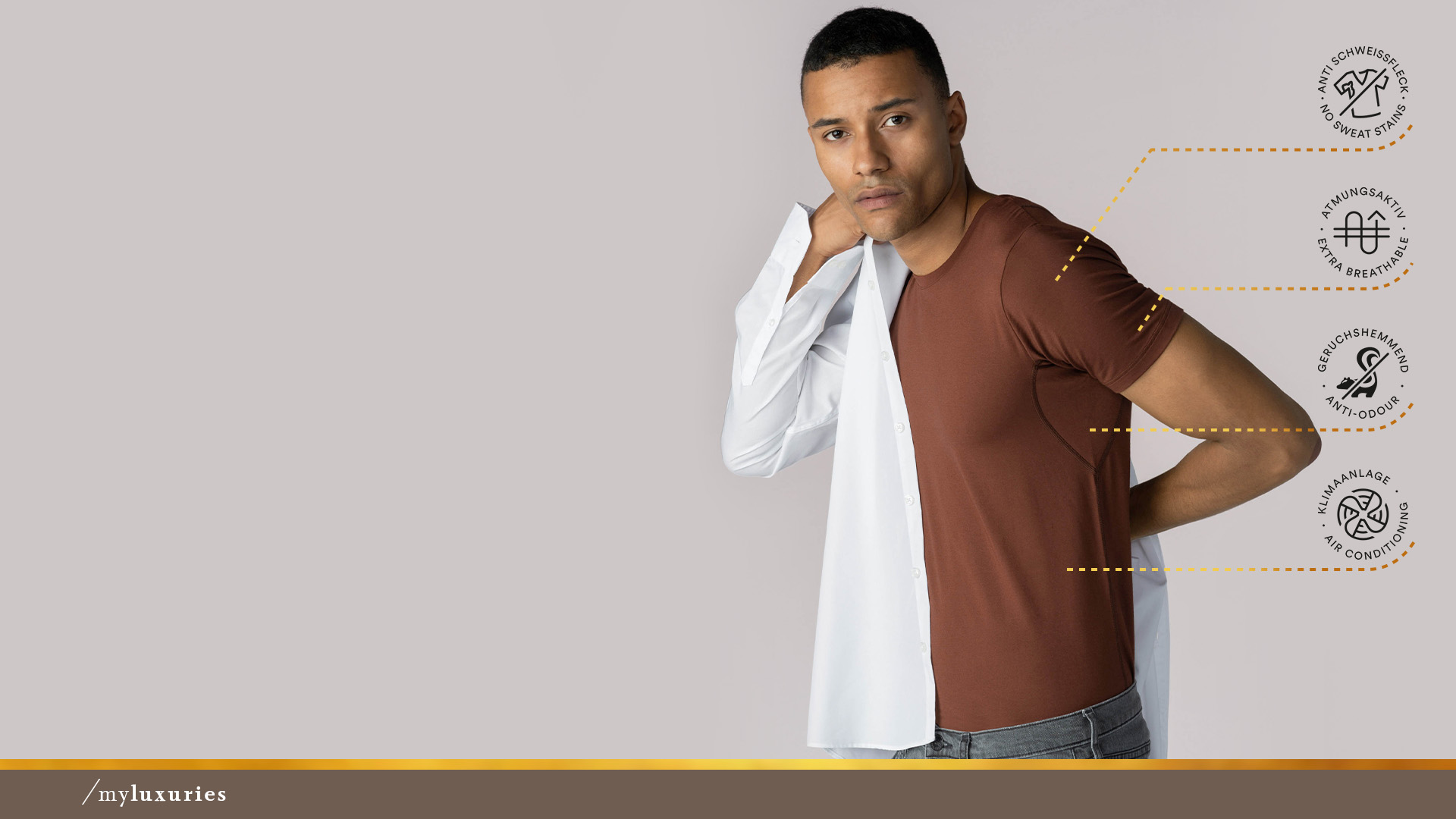 Man draagt een half uitgetrokken, wit hemd en het crewneck-shirt in de kleur medium skin uit de serie Business Class | mey®
