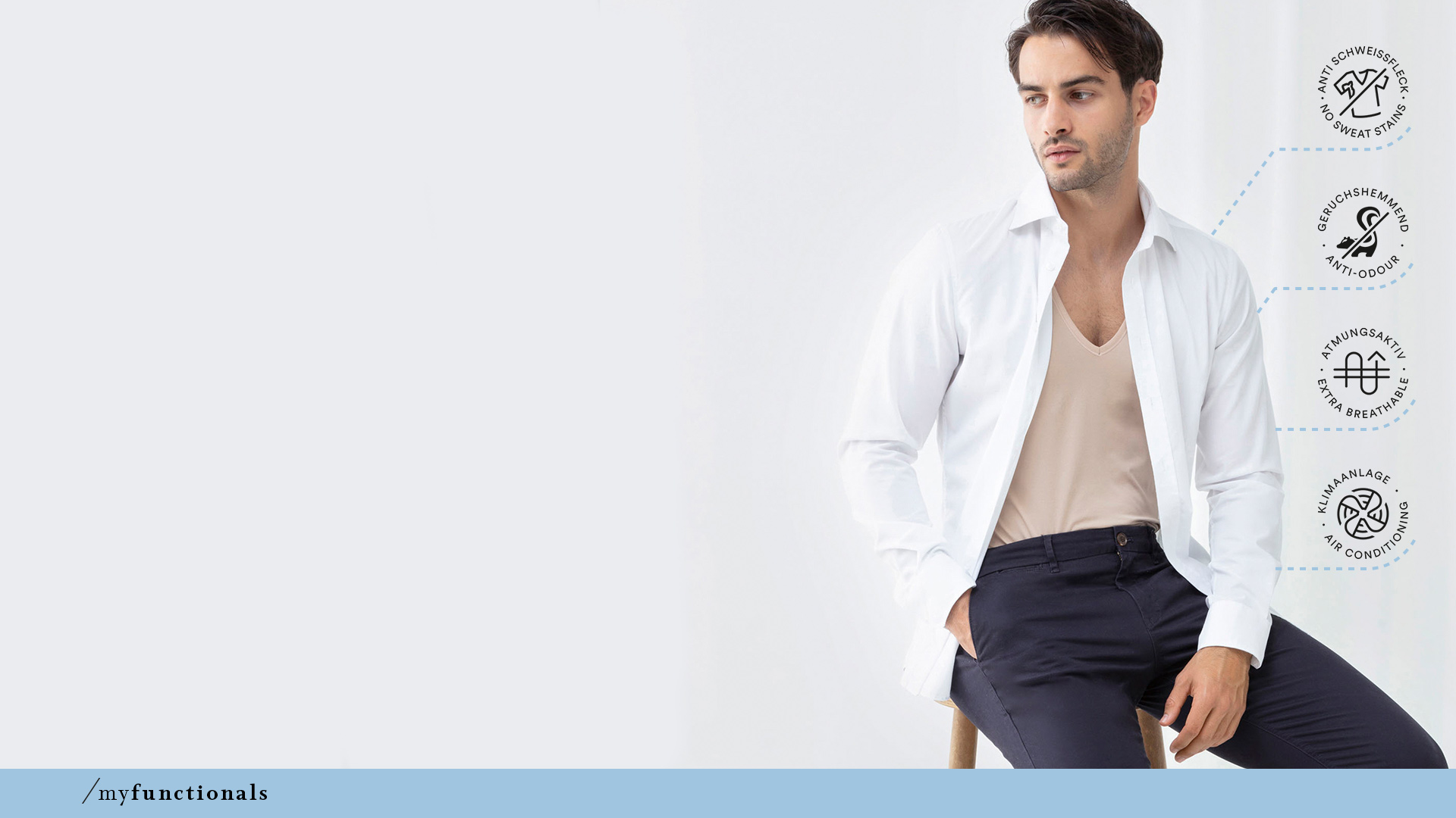 Man draagt een hemd en het crewneck-shirt in de kleur wit uit de serie Dry Cotton Functional | mey®