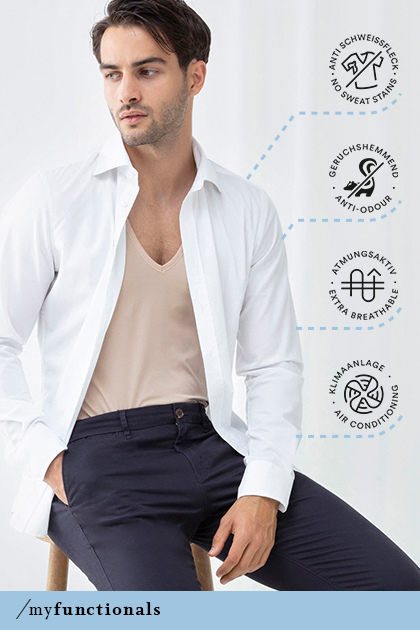 Mann trägt ein Hemd sowie das Crew-Neck-Shirt in der Farbe Weiß aus der Serie Dry Cotton Functional | mey®
