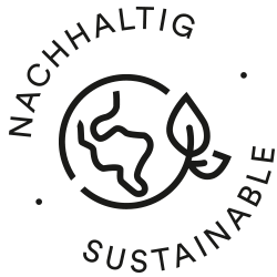 Icon für Nachhaltigkeit, Weltkugel mit zwei Blättern an der Seite | mey® 