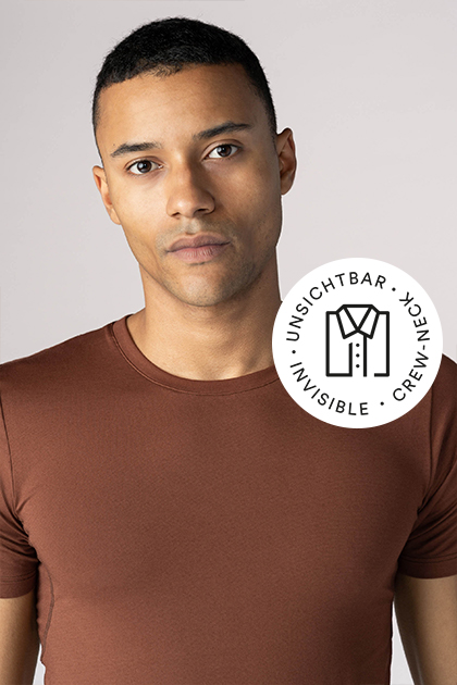 Business Class series, crew neck shirt in the colour Dark Skin on the model | mey®,  icon for invisible crew neck shirt: folded shirt with buttoned-up collar | mey®