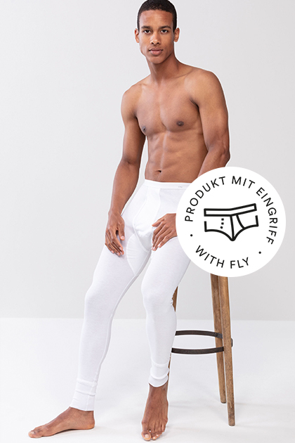 Noblesse series for men, white long pants on the model | mey®,  icon for fly: briefs with outlined fly | mey®