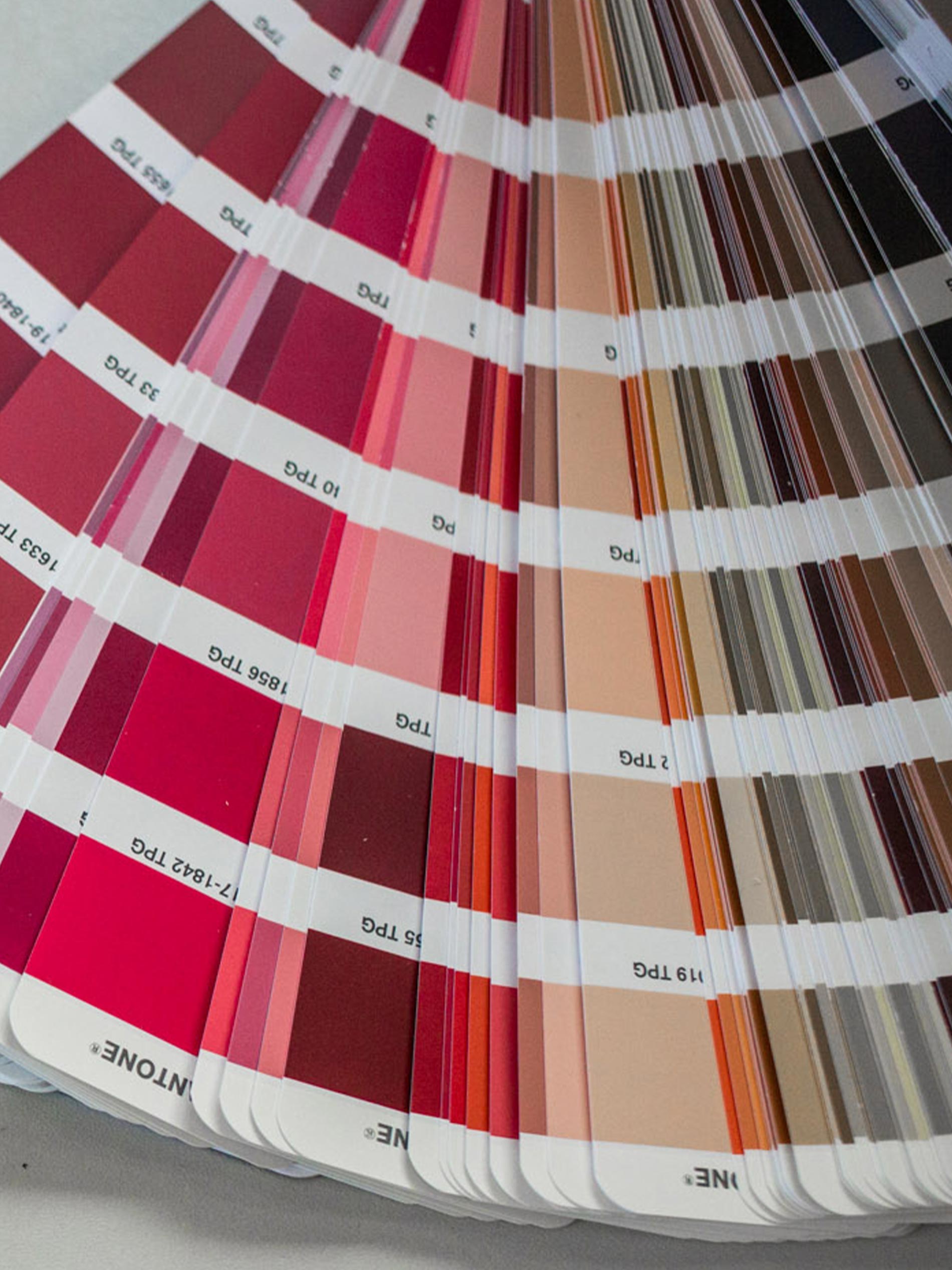 Aufgefächerter Farbfächer von Pantone mit unterschiedlichen Rot- und Pinktönen | mey®
