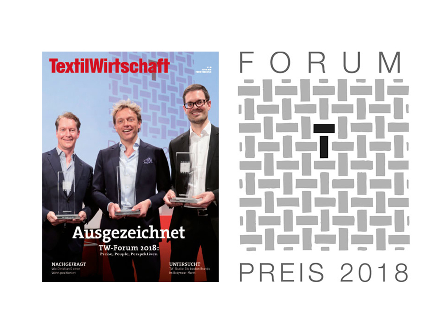 Cover of Textilwirtschaft magazine and the seal for the Forum-Preis, awarded to mey® in 2018| mey®