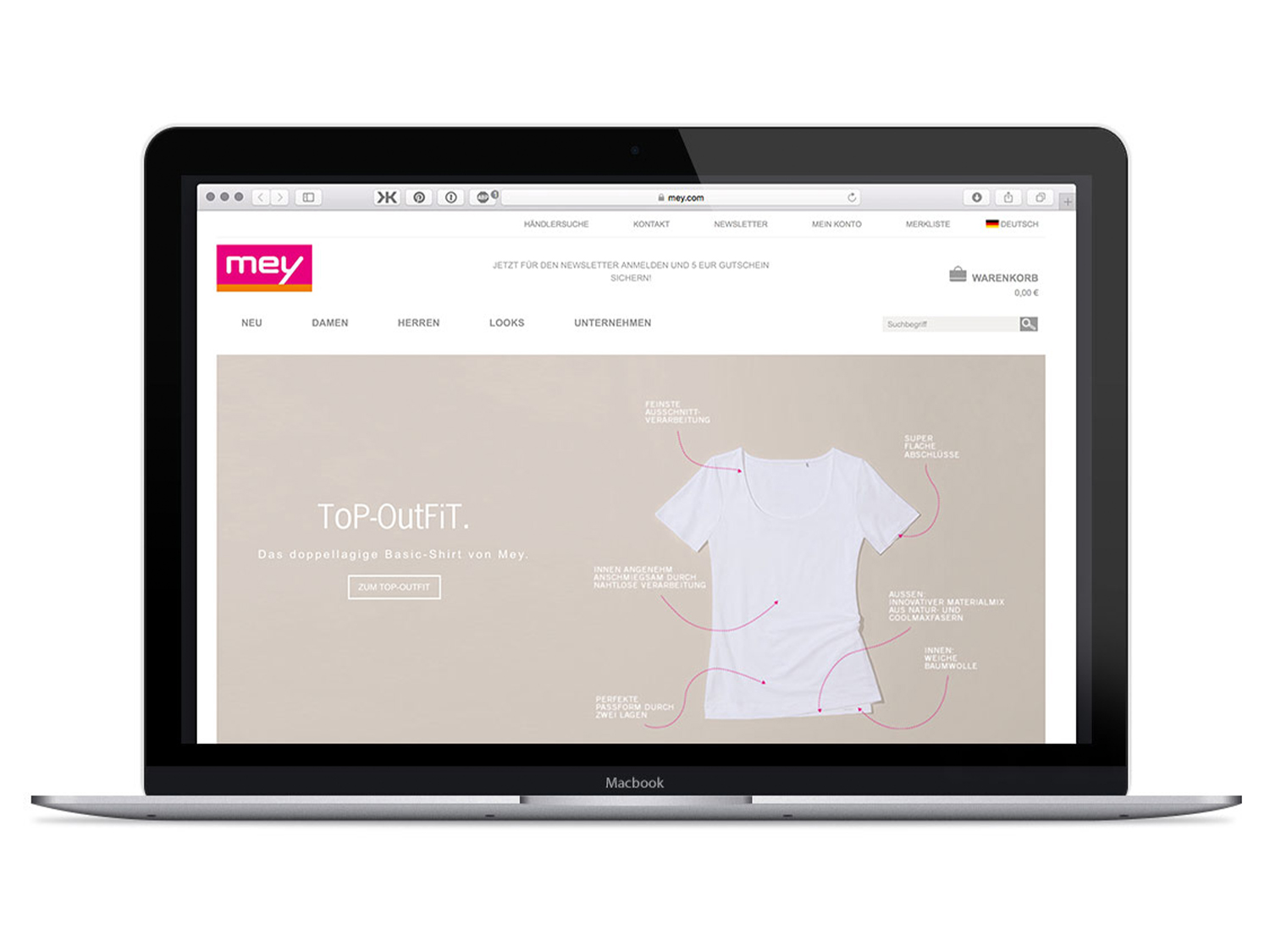 online shop, presented on a laptop with the home page open | mey®