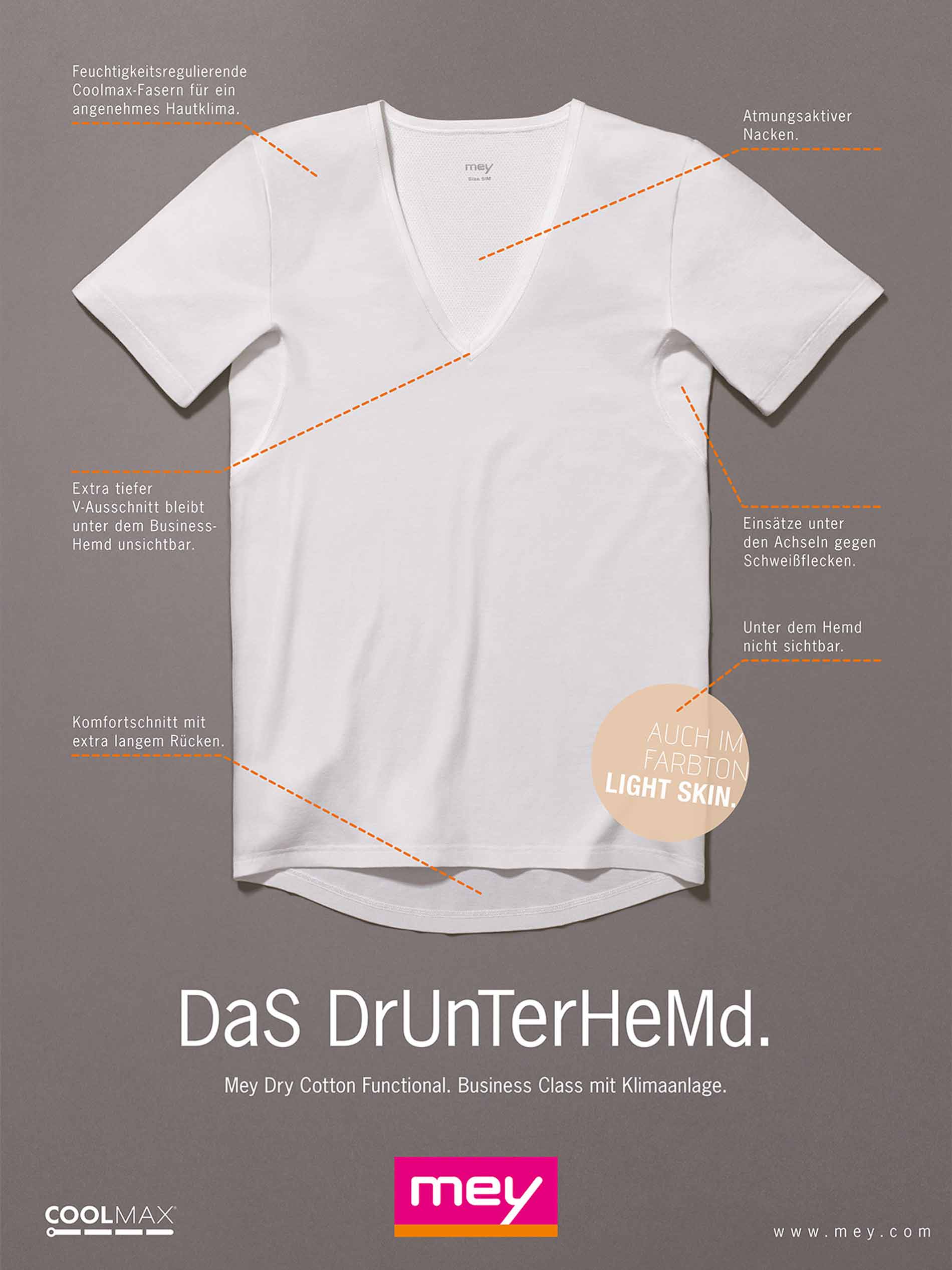 Anzeige für das Drunterhemd: Innovation für den Business-Mann, keine Schweißflecken und keine Geruchsbildung unter dem Hemd, Darstellung des Unterhemds mit Vorteilen | mey® 