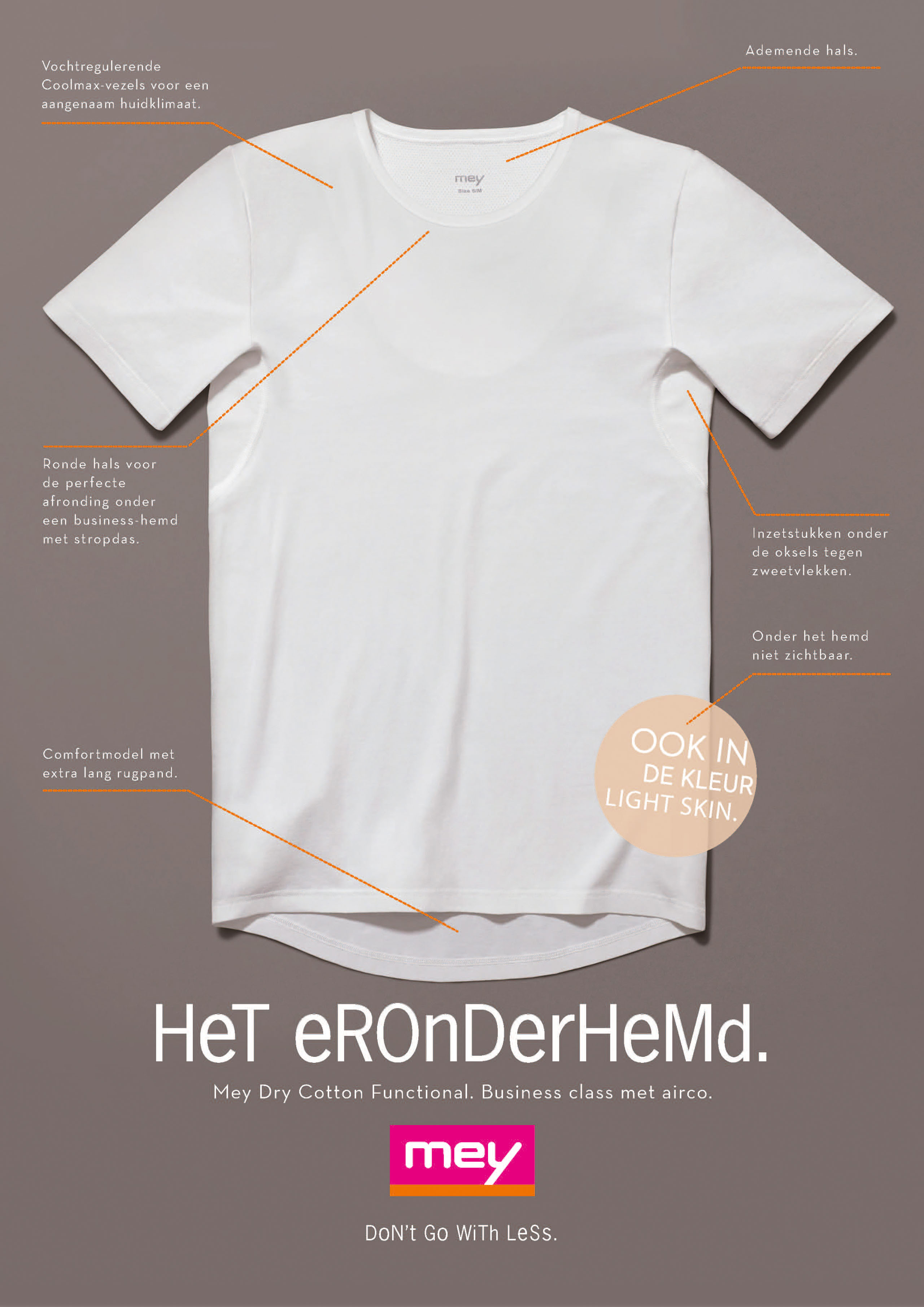 advertentie voor het onderhemd: innovatie voor de zakenman, geen zweetvlekken en geen geurtjes onder het hemd, afbeelding van het onderhemd met voordelen | mey®