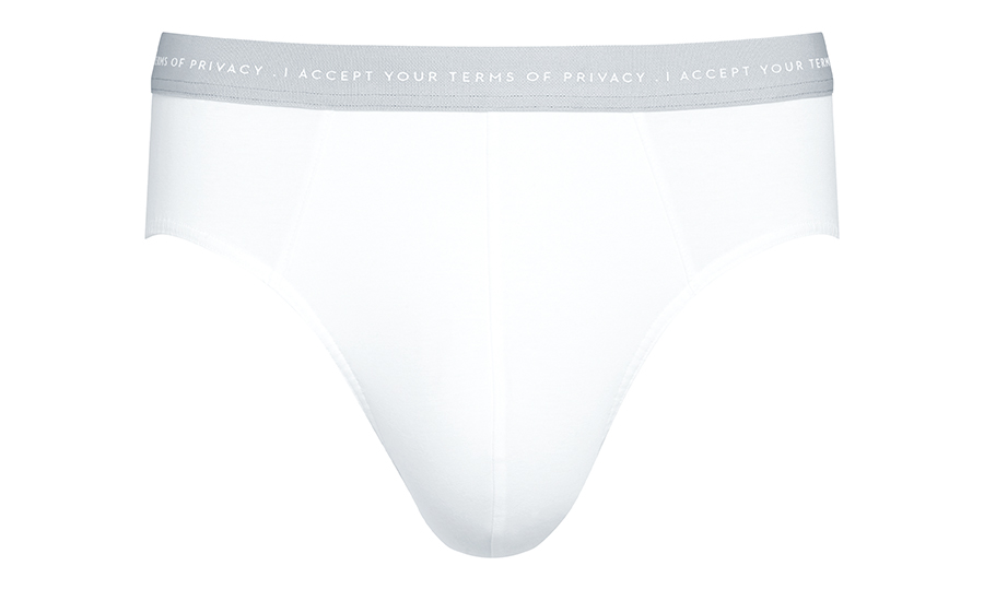 Mini briefs in white from the RE:THINK series with a grey waistband and the slogan “I accept your terms of privacy”  | mey®
