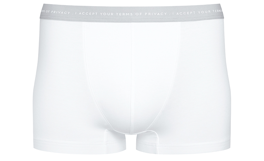 Shorties in white from the RE:THINK series with a grey waistband and the slogan “I accept your terms of privacy” | mey®